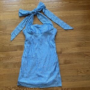 Elegant Blue Sequin Halter Dress